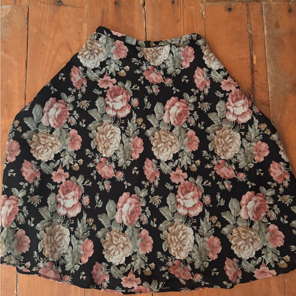 Floral A-Line Skirt - Black with Pink & Cream Roses